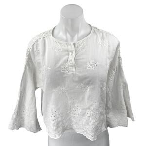 Zara White Floral Embroidered Eyelet Long Bell Sleeve Henley Shirt Blouse Top M